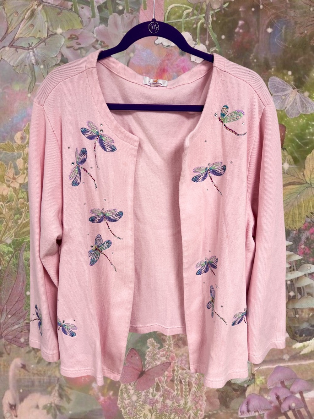 Vtg Quacker Factory pink embroidered dragonfly cardigan sweater